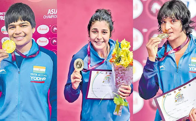 Indian Women Wrestlers Won Three Gold Medals At Asian Senior Wrestling - Sakshi