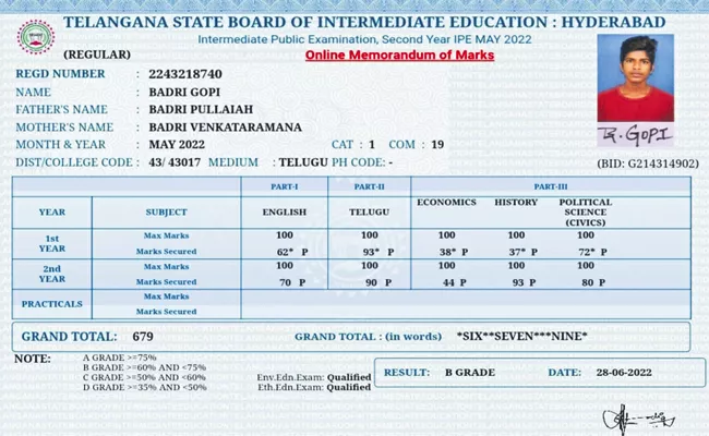 TS Inter Results Errors In Evaluation Student Gets 0 Marks Later Scored 44 Khammam - Sakshi