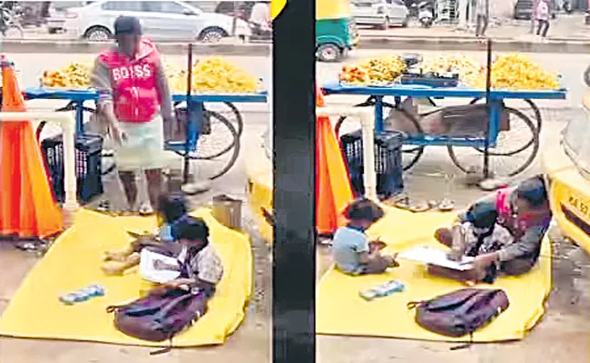 Woman teaches her kids while managing fruit cart - Sakshi