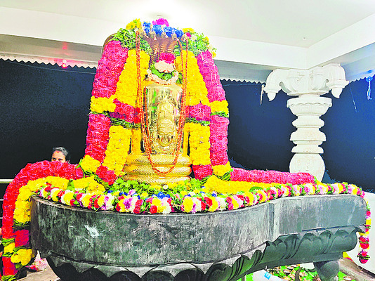 నాగాభరణం, భారీ పూల మాలలతో స్వామికి విశేష అలంకారం చేసిన దృశ్యం 1