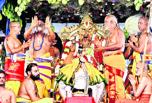 స్వామి వారి పచ్చలహారాన్ని చూపిస్తున్న అర్చకులు3