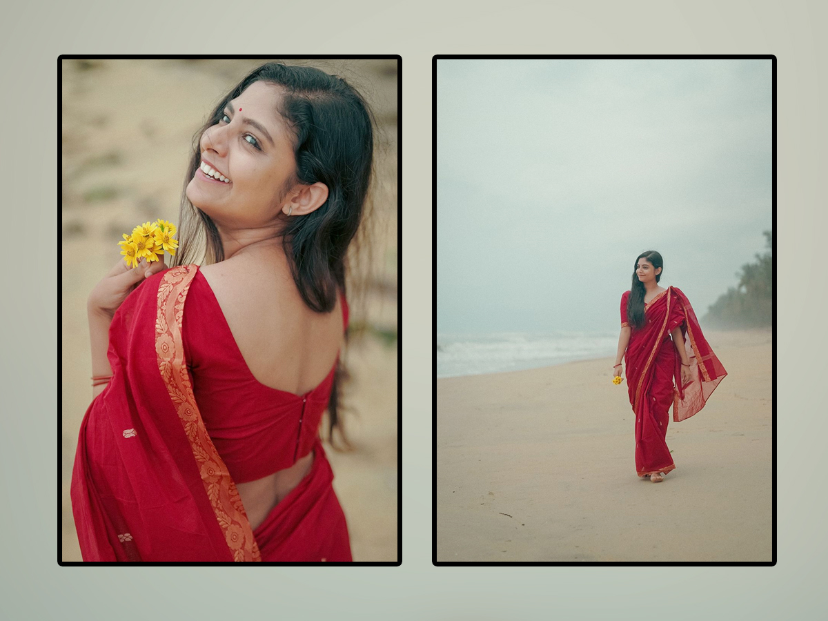 Malayalam Beauty Akhila Bhargavan Beach Side Photos In Red Saree Goes Viral1