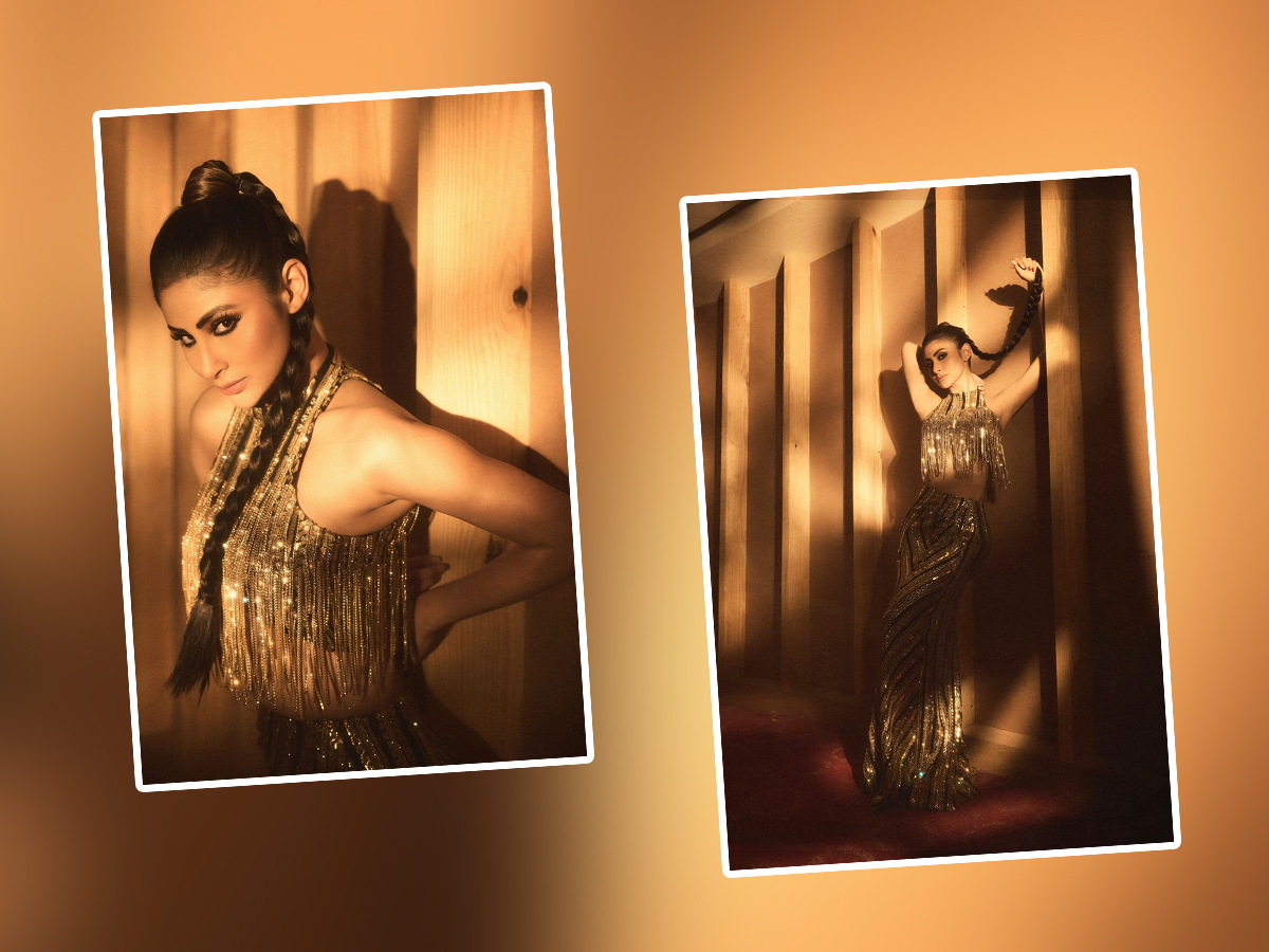 Bollywood Beauty Mouni Roy In Golden Dress Photos Goes Viral1