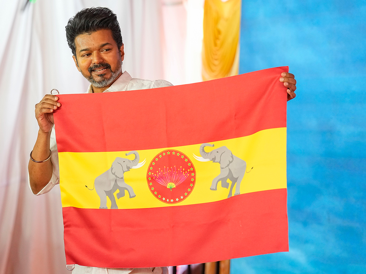 Tamilaga Vettri Kazhagam President Vijay during the party flag 2