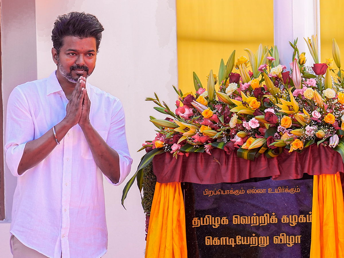 Tamilaga Vettri Kazhagam President Vijay during the party flag 3