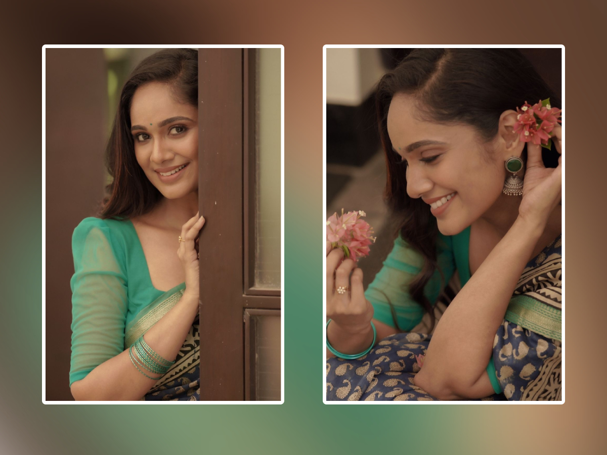 Actress Tejaswini Gowda Stylish Photos In Green Saree1