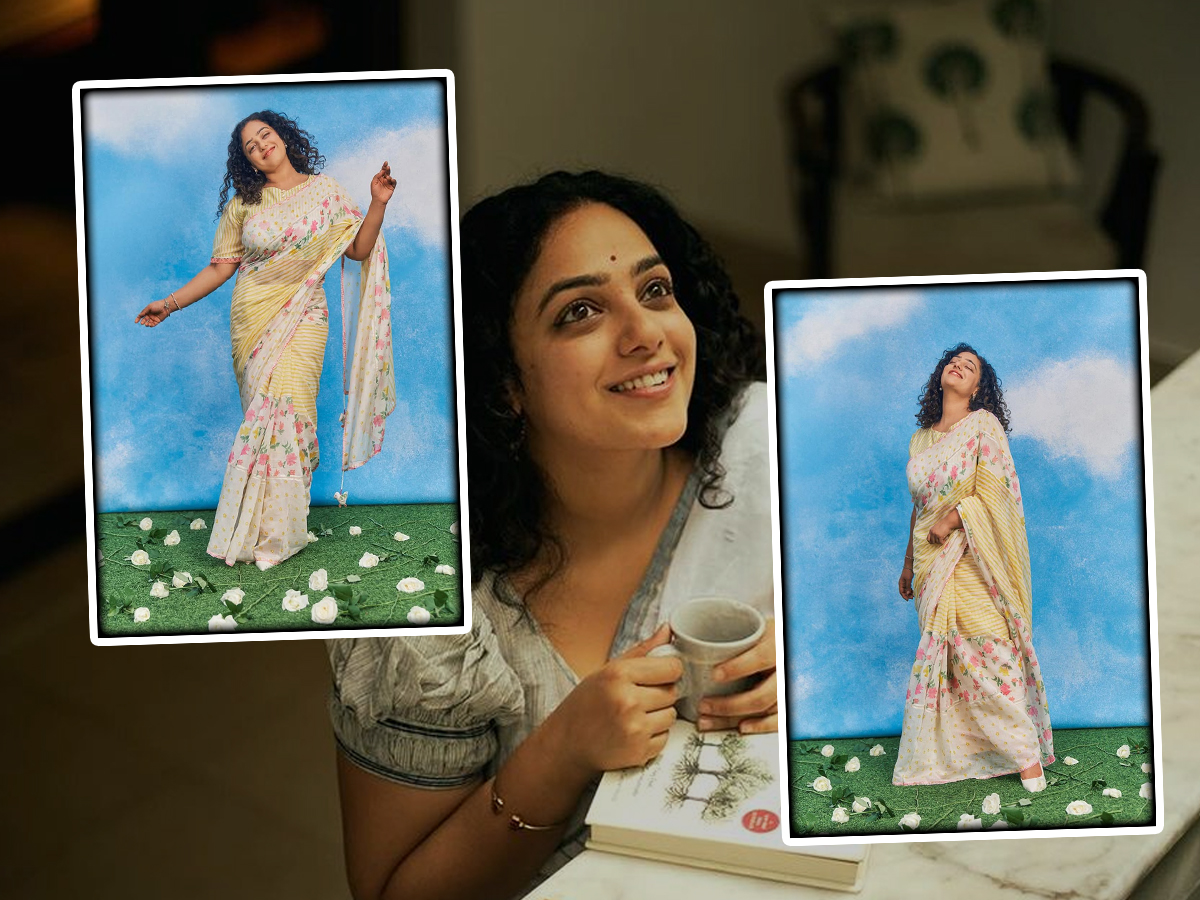 Curly Hair Beauty Nithya Menen Adorable Looks In Saree1