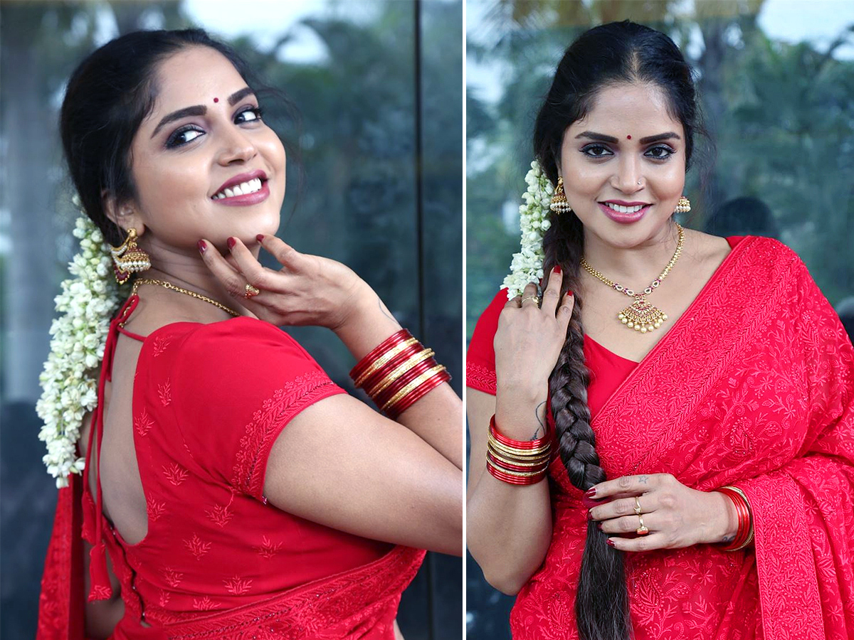 Actress Karunya Chowdary Red Saree Hot photos goes viral1