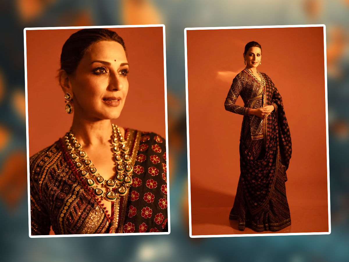 Actress Sonali Bendre Elegant Look In Designer Saree Photos Viral1