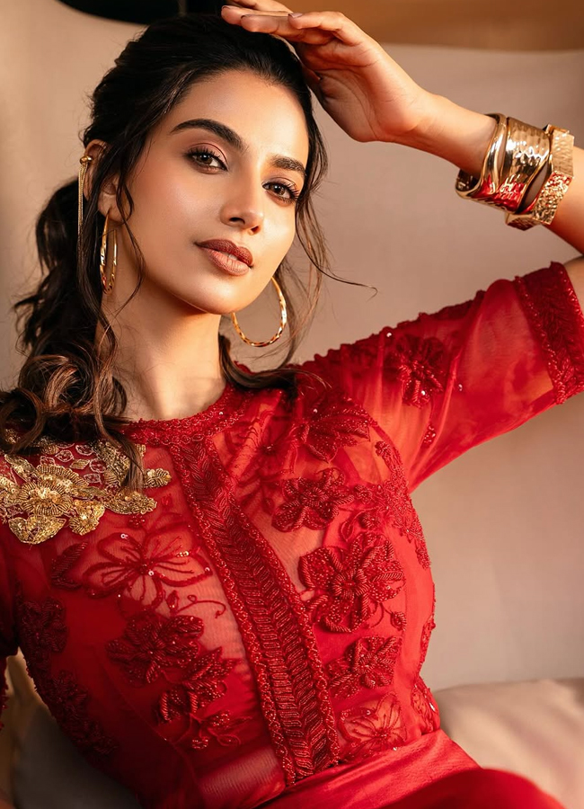 'Sankranthiki Vasthunnam' movie beauty Meenakshi Chowdhury in a red rose dress9