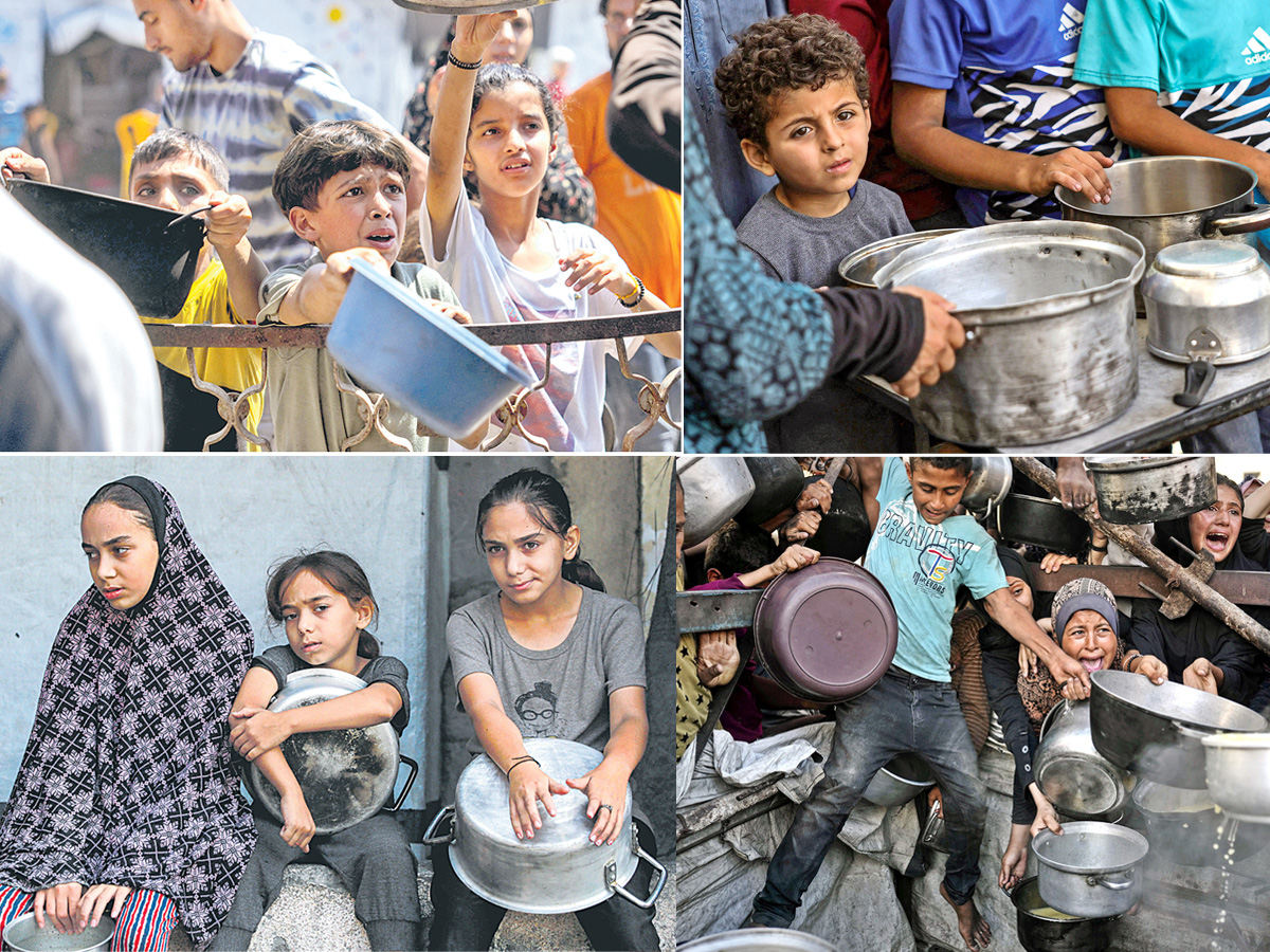 Palestinians wait for donated food at a community kitchen in Gaza City1