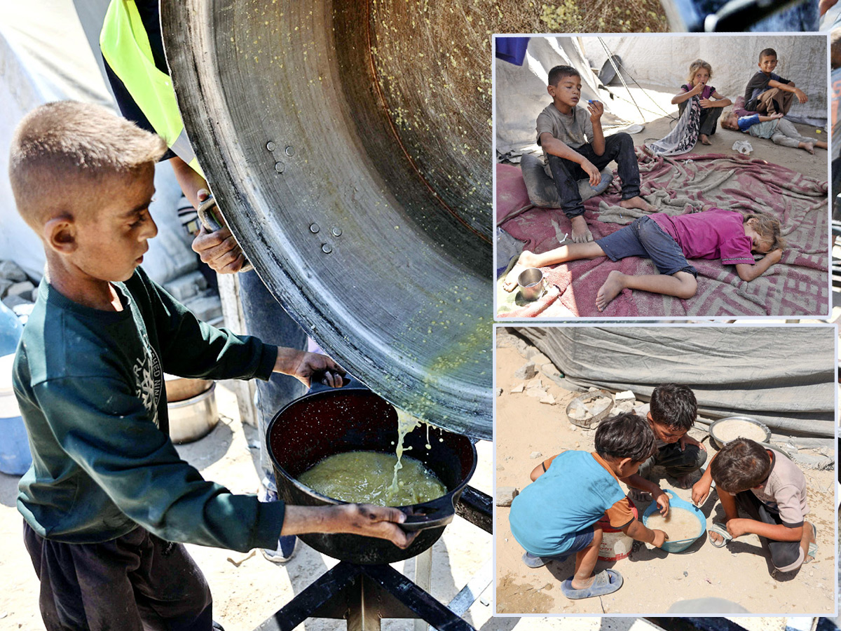 Palestinian boy receives the last drops of lentil soup at a food distribution point in Gaza1