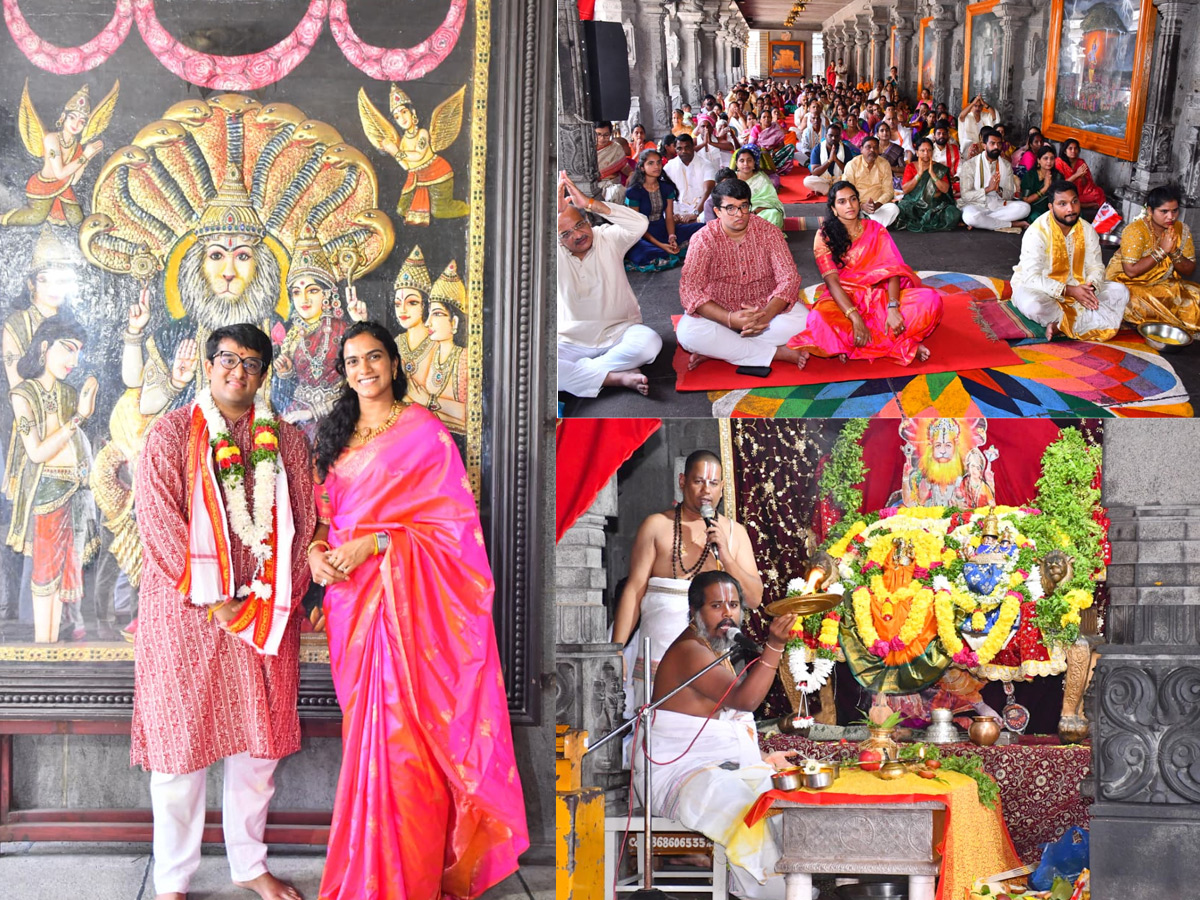 PV Sindhu And Her Husband Offer Prayers At Yadadri Lakshmi Narasimha Swamy Temple Photos1