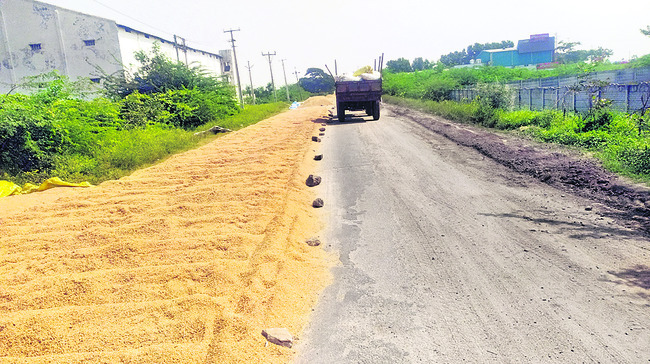 రోడ్లపై ధాన్యం.. వాహనదారులకు ప్రాణ సంకటం1