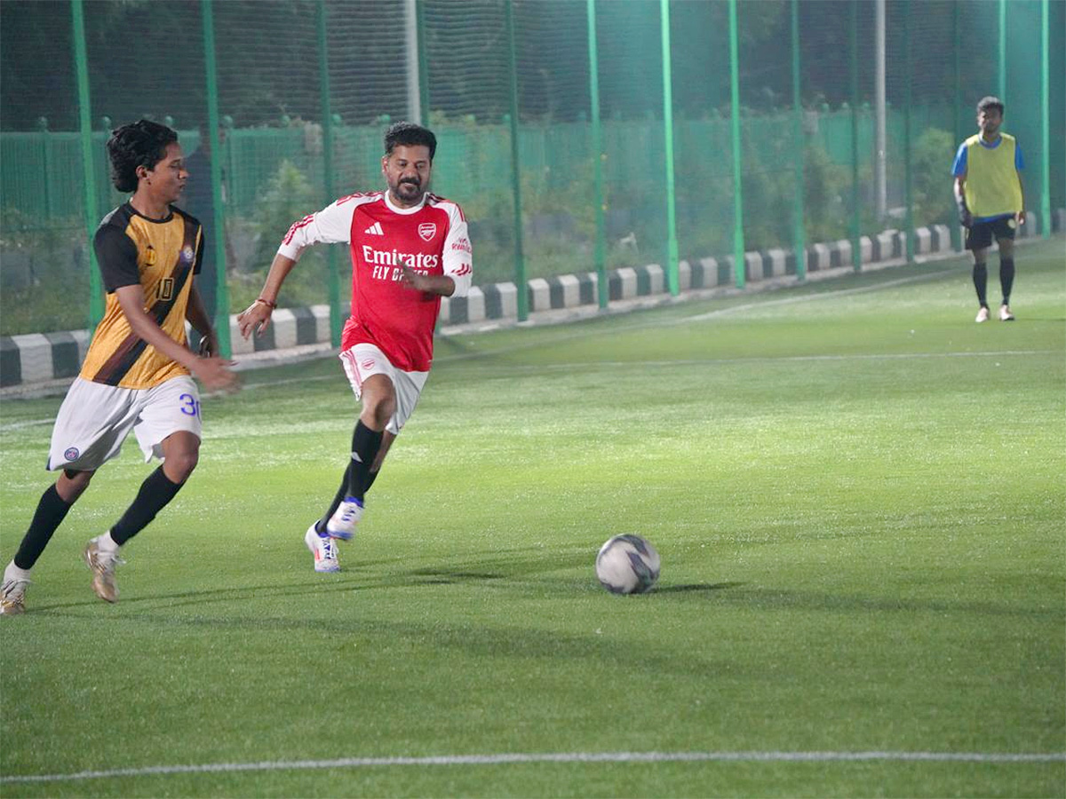 CM Revanth Reddy Practices Football To Face Messi in Hyderabad1