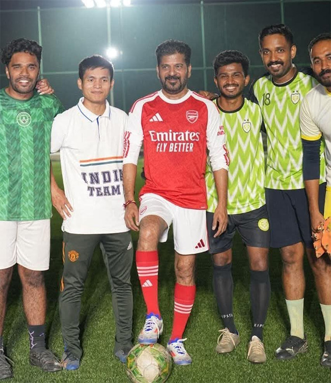CM Revanth Reddy Practices Football To Face Messi in Hyderabad6