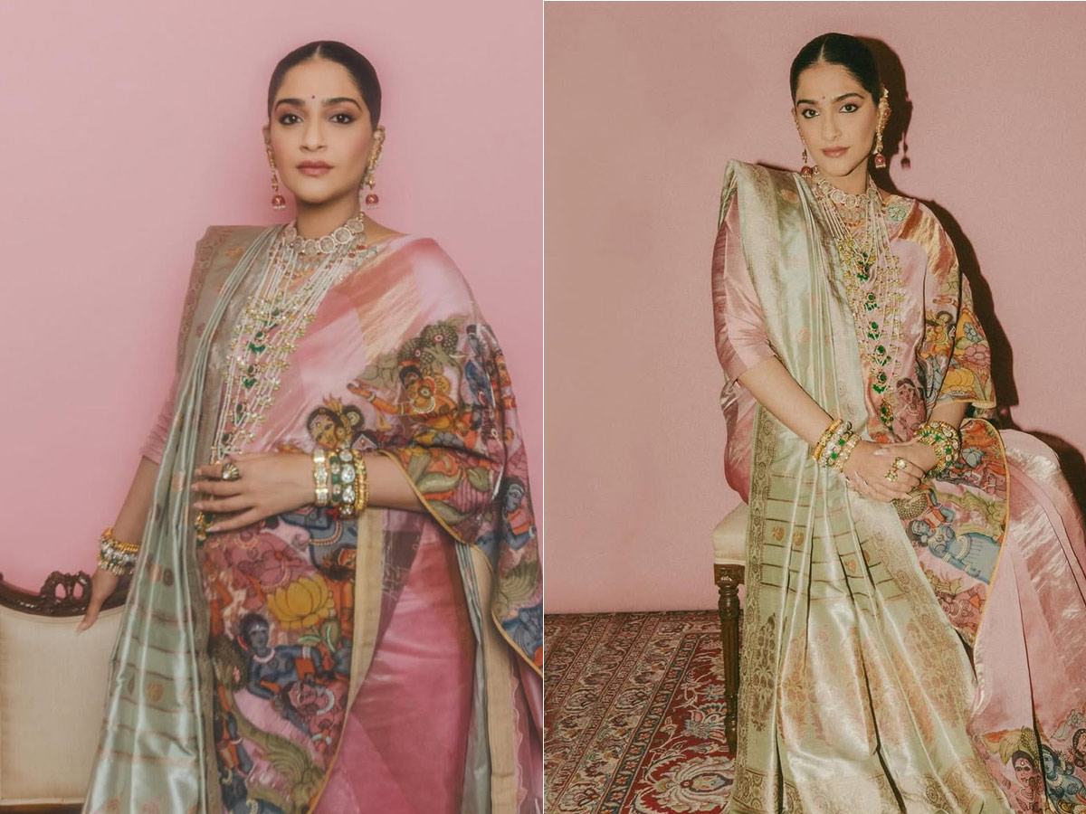 Sonam Kapoor Wears Kalamkari And Baluchari Saree Together Photos1