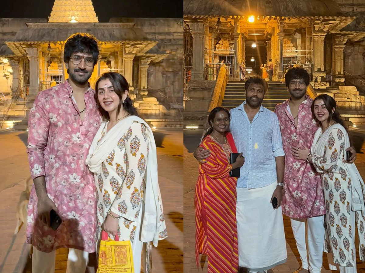 Actor Aadhi Pinisetty And Nikkigalrani couple visited Kumbakonam And Thanjavur temples PHotos1