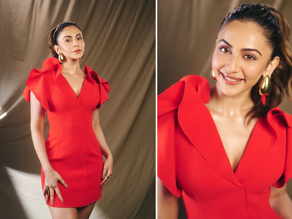 Indian Actress Rakul Preet Singh Red Dress Viral Photos1