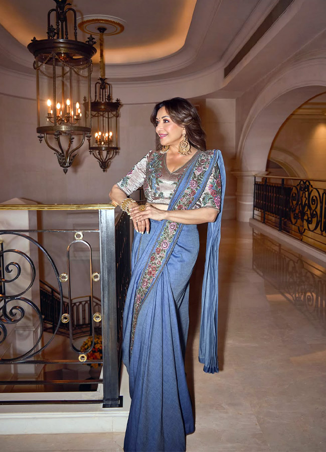 Madhuri Dixit wore embroidered denim saree look 9