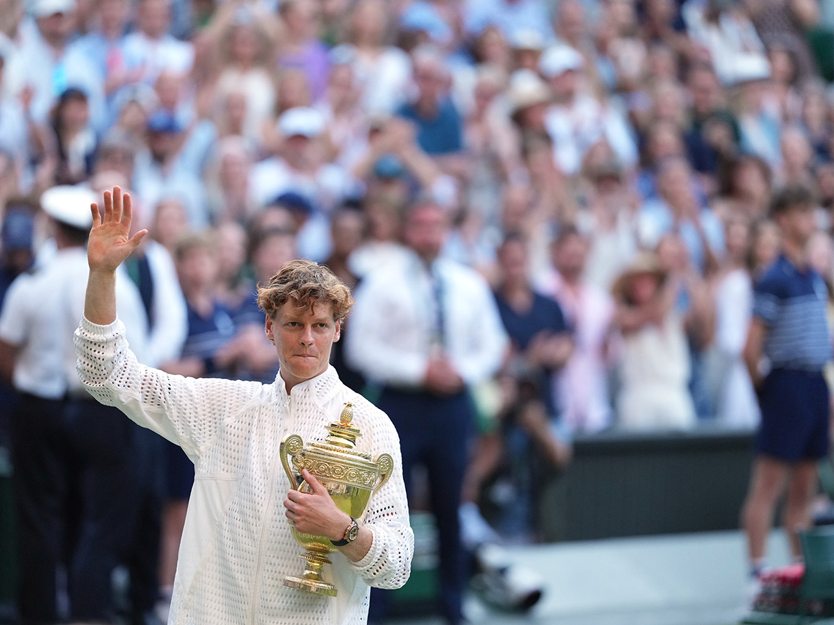 Wimbledon Tennis Championships Jannik Sinner celebrates trophy winning13