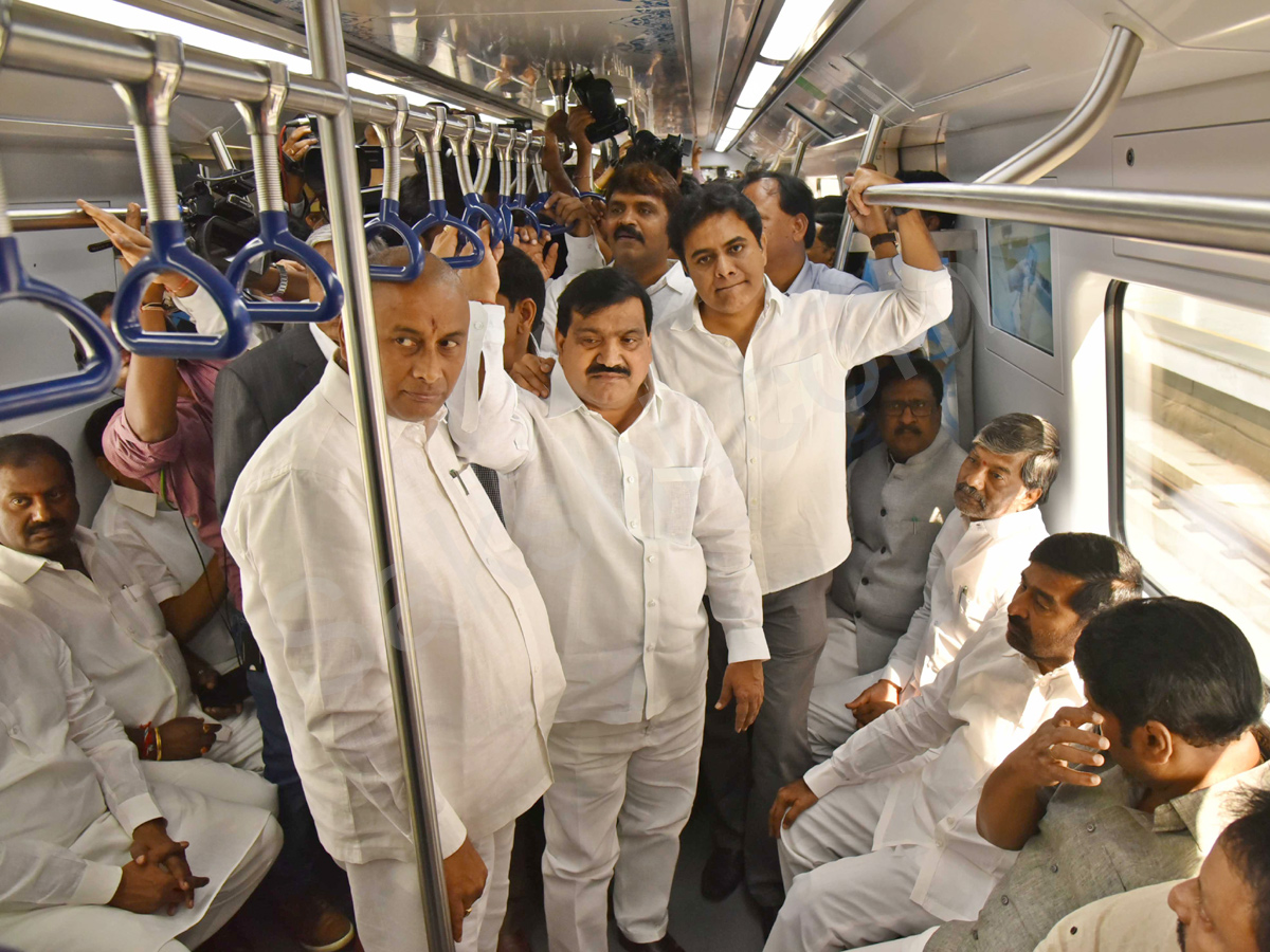 Minister KTR & Leaders Takes Ride In Hyderabad Metro Rail  - Sakshi