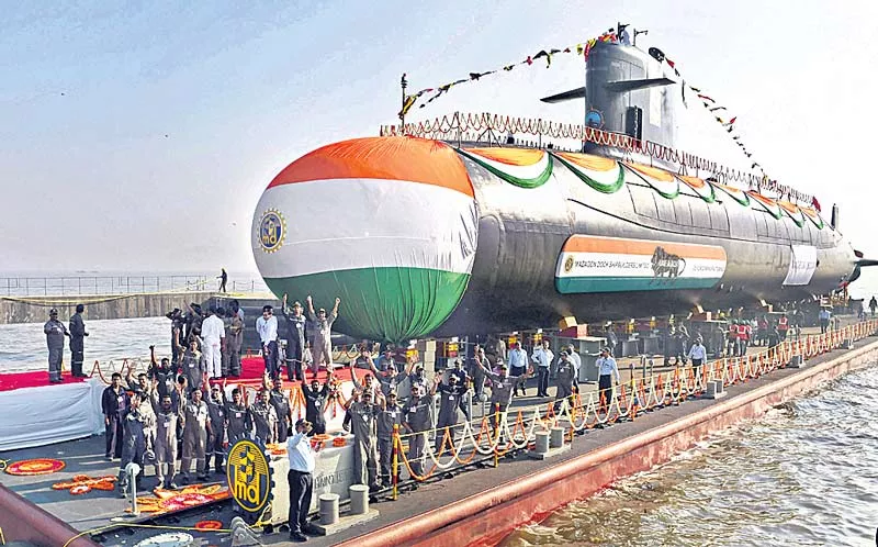 Indian Navy launches INS Karanj submarine - Sakshi
