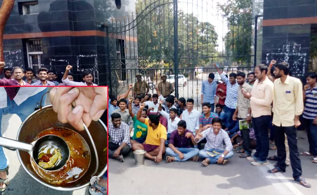 au science college students dharna for lizard in food - Sakshi