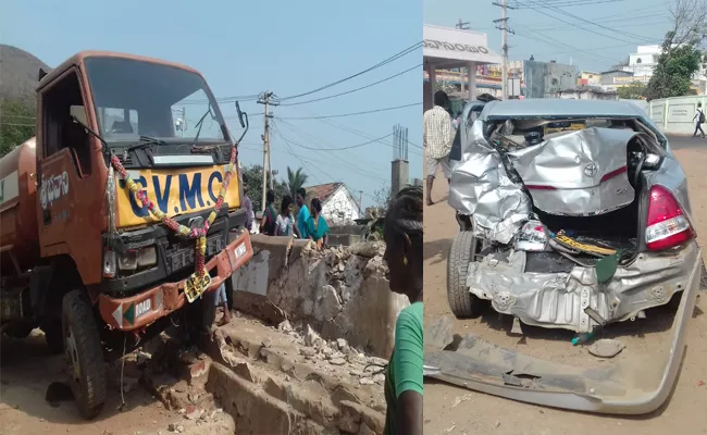 Water Tanker Accident to Car While Fail Breaks in Visakhapatnam - Sakshi