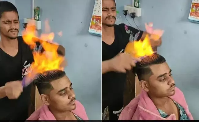 Barbers Blazing Haircut With Fire Is Viral On Social Media - Sakshi