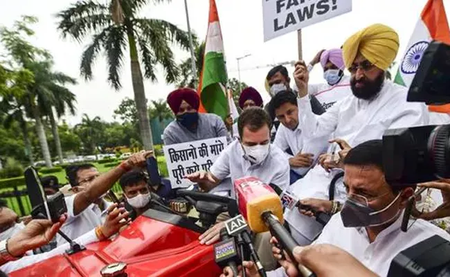 Rahul Gandhi Drives Tractor To Parliament Farmers Protest Against New Farm Laws - Sakshi