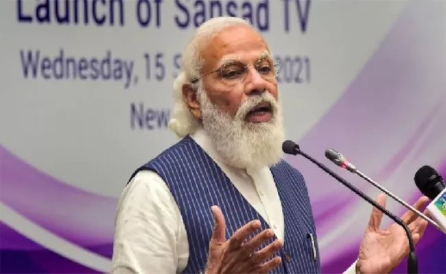 VP Naidu PM Modi LS Speaker Birla launch Sansad TV - Sakshi