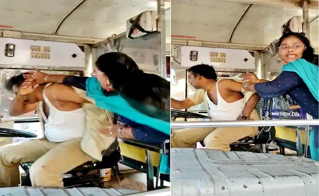 Woman Attacked RTC Bus Driver In Vijayawada - Sakshi