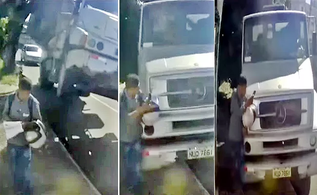 Watch Viral Video Truck Veers Off Road Man Incredibly Lucky Escape - Sakshi