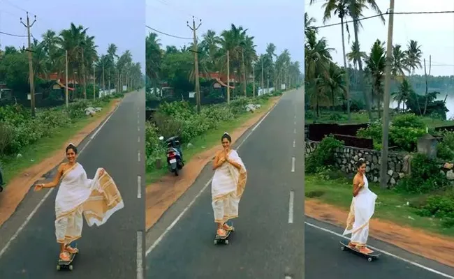 Viral Video: Woman Rides Skateboard on Kerala Streets In Sari - Sakshi