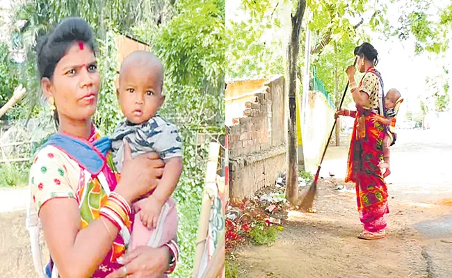 Odisha woman sanitary worker sweeps road carrying her baby on back - Sakshi