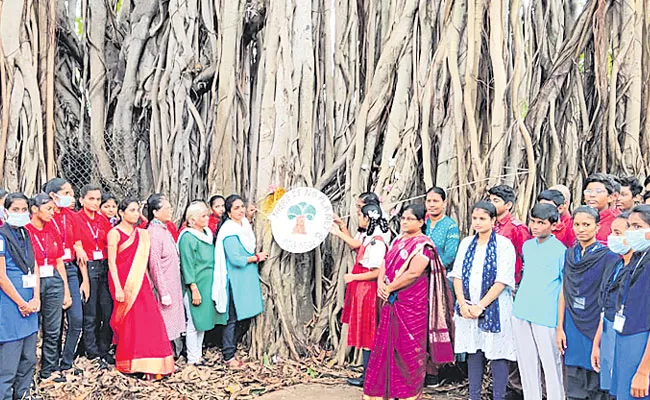 Photo Feature: Vizag Students Tie Rakhi To 100 Years Banyan Tree - Sakshi