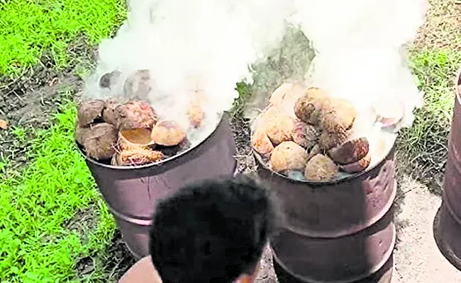 Preparation of coconut shell charcoal in drums on banks of the river - Sakshi