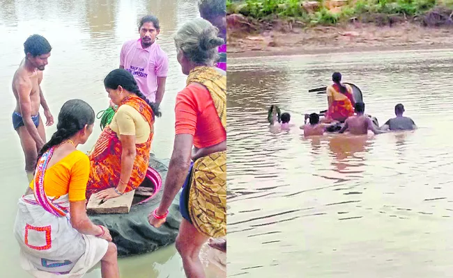Pregnent women cross Jampanna Vagu tyre as boat - Sakshi
