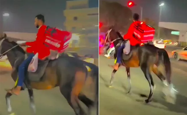 Delivery Agent Drops Order In Hyderabad On A Horse - Sakshi