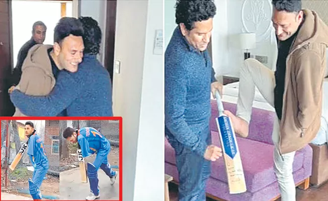 Sachin Tendulkar meets differently-abled cricketer Amir Hussain In Kashmir - Sakshi