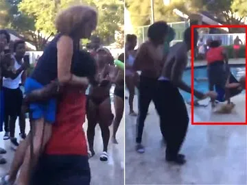'Throw her in!' Shocking moment an elderly woman is body slammed to the ground and hurled into a swimming pool along with her dog after she asked rowdy teens to turn down the noise