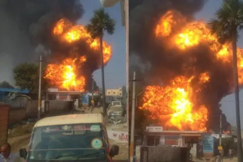 Gas cylinders blast in a lorry at medipalli - Sakshi