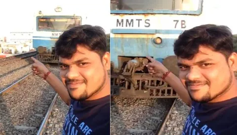 man injured while taking selfie video infront of running train - Sakshi