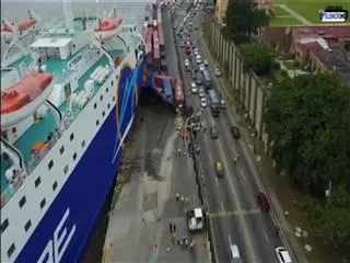 Huge ship smashes into a dock and crushes containers when its ramp breaks - Sakshi