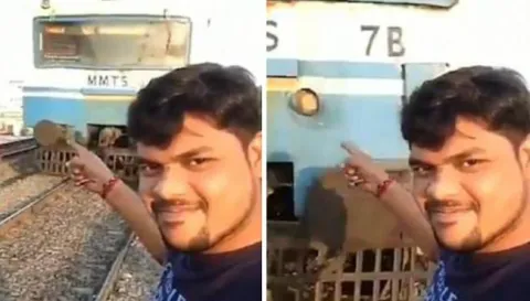 man who posed before train appeared in latest video - Sakshi
