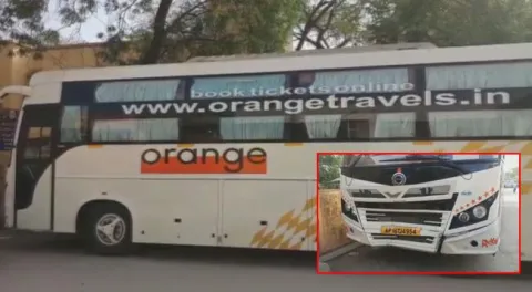 One Died as Orange Travels Bus HIts Bike At Miryalaguda - Sakshi