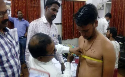 Madhyapradesh police aspirants caste  marked on chest - Sakshi