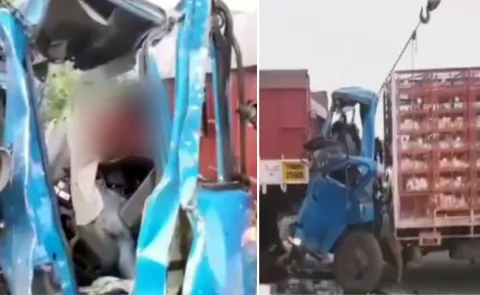 DCM Van Hits Lorry Near Kattamgur - Sakshi