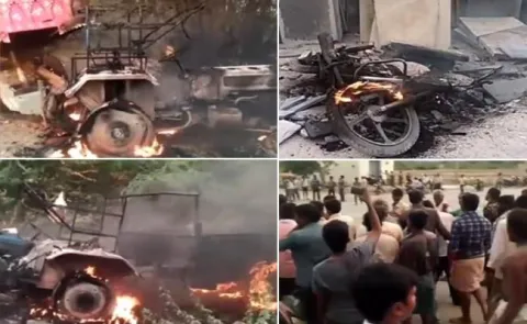 Four tractors, three autos and two bikes Burned in Tadipatri - Sakshi